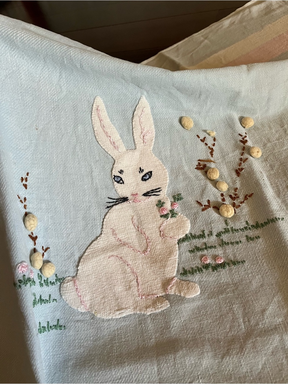 Rabbit bunny embroidery vintage blanket baby mcm nursery spring easter 🩷🩵🤍🐰